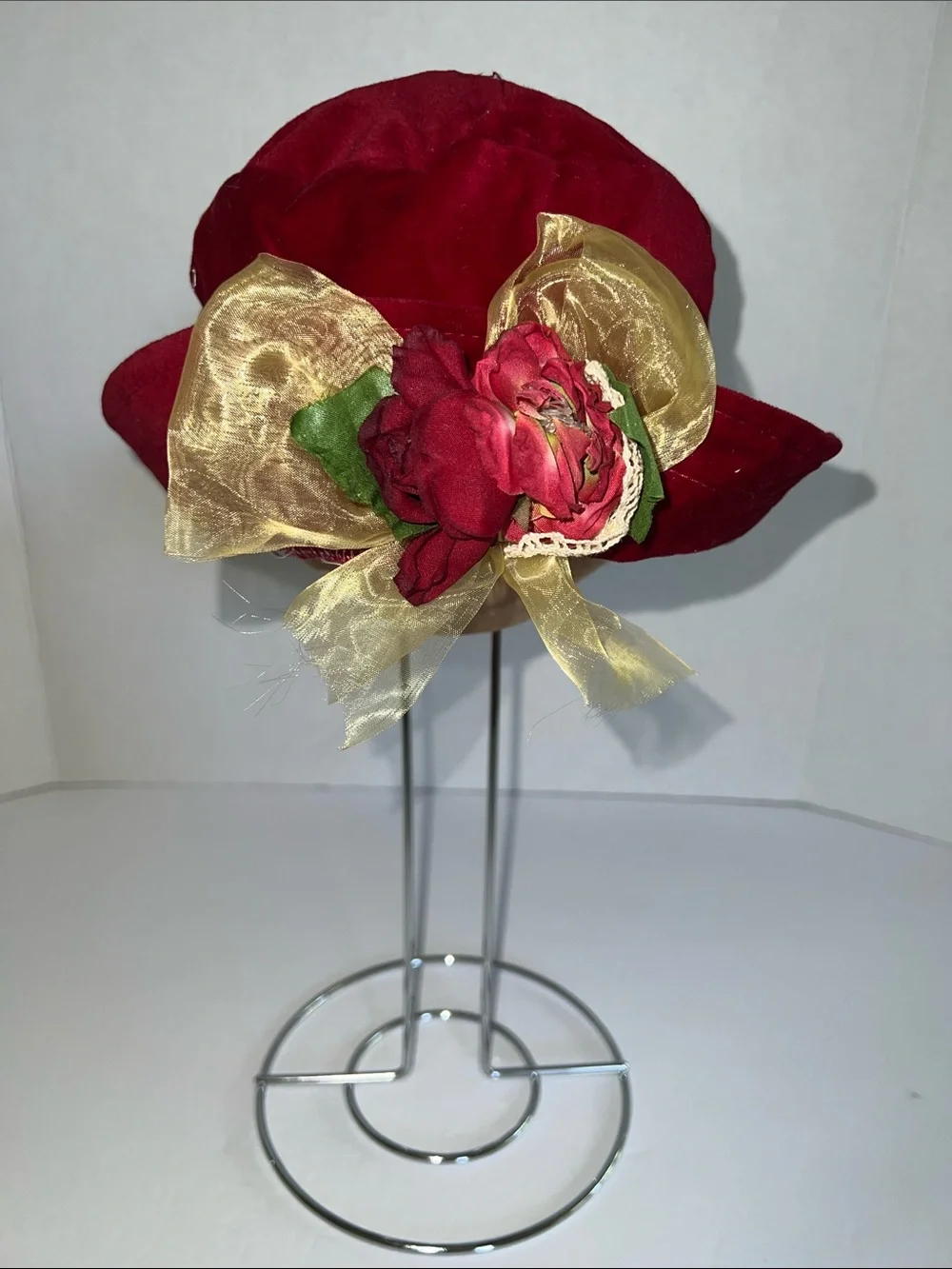 Kids Elegant Red Floral Accent Hat with Gold Bow